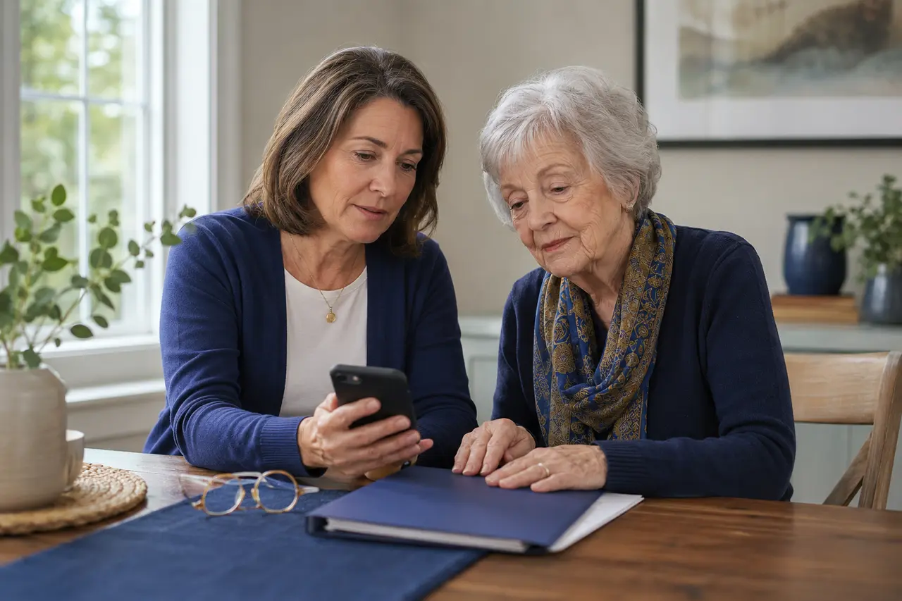 An adult daughter and her aging mother calmly reviewing important family information together